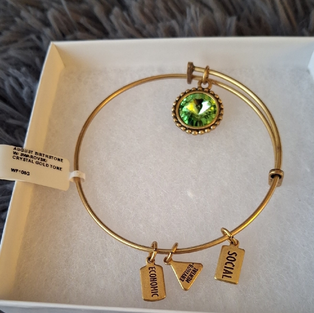 Goldtone Bangle Bracelet with Green Crystal Charm